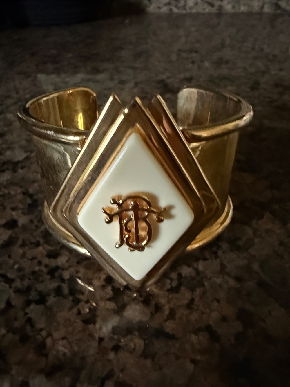 Tory Burch Gold-Tone Cuff Bracelet with White Enamel Diamond Motif